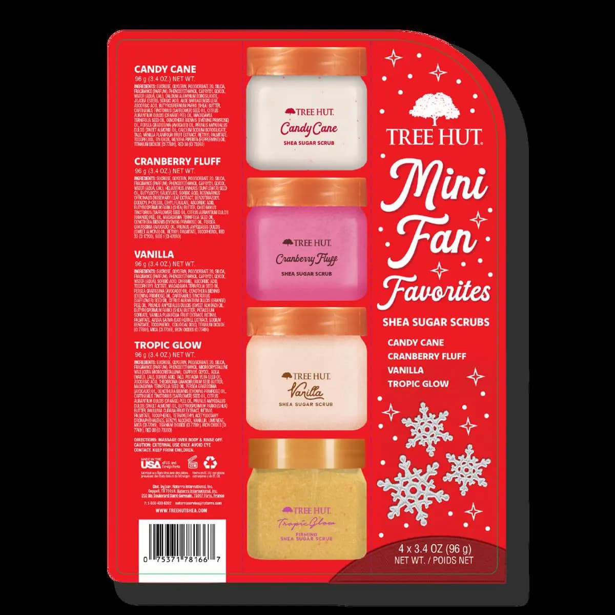 Red Mini Fan Favorites gift set package showing four mini scrub jars: Candy Cane, Cranberry Fluff, Vanilla, and Tropic Glow