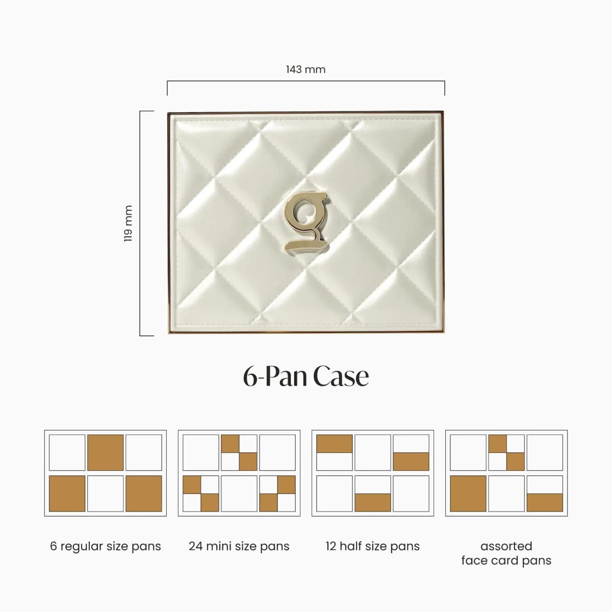 Silk pearly ivory quilted Face Card Palette 6-pan case, 143 x 119 mm, with pan layout diagrams