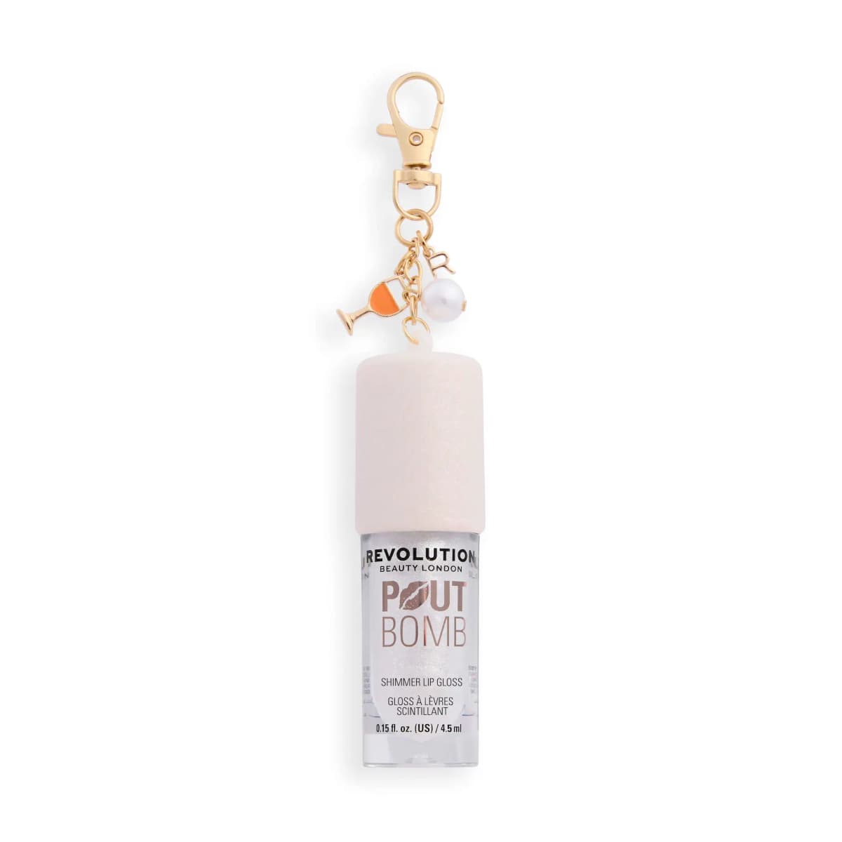 White glitter-capped Pout Bomb Shimmer Lip Gloss with cocktail glass, R and pearl charms on a gold clasp