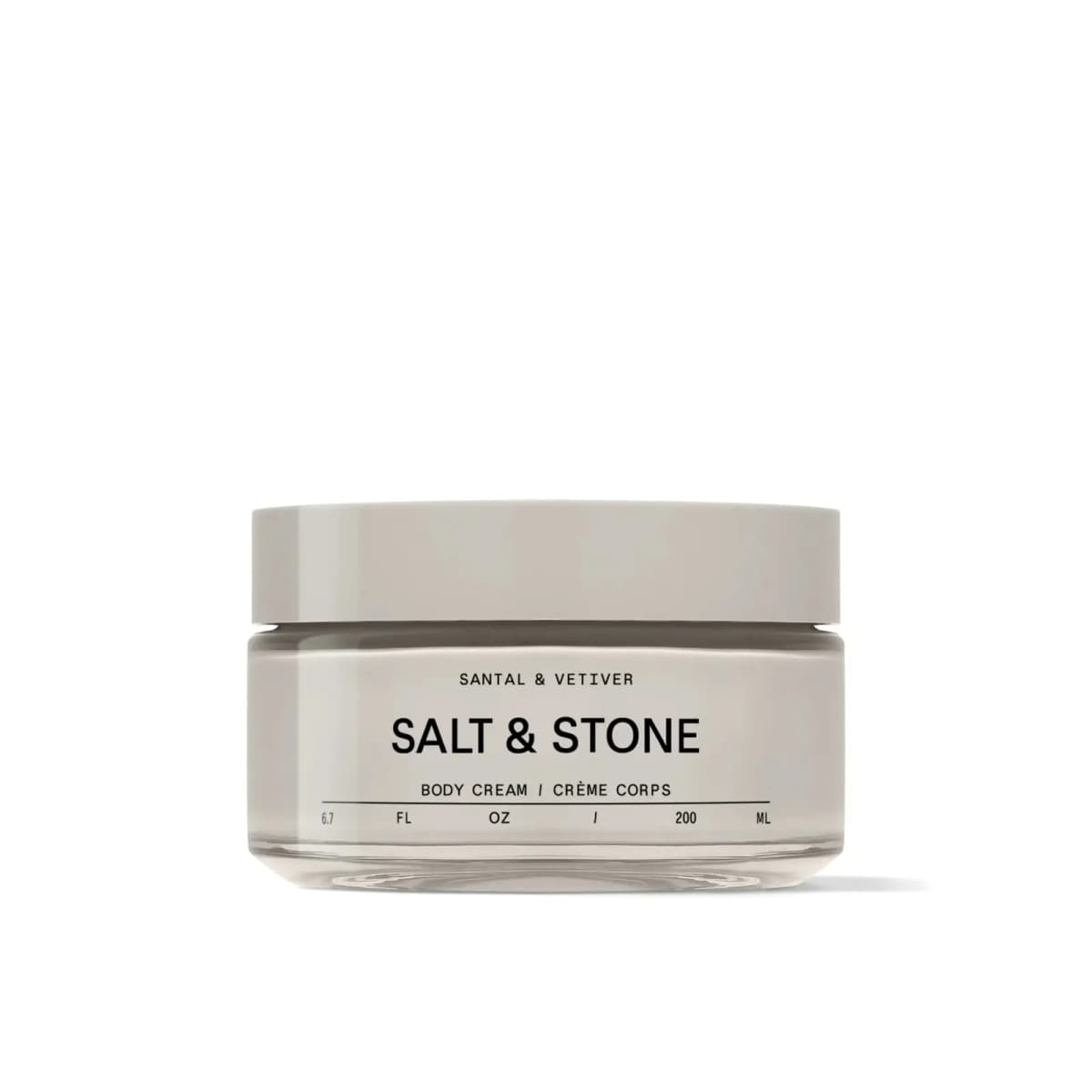 Grey Santal & Vetiver body cream jar with matching lid, 6.7 fl oz / 200 ml