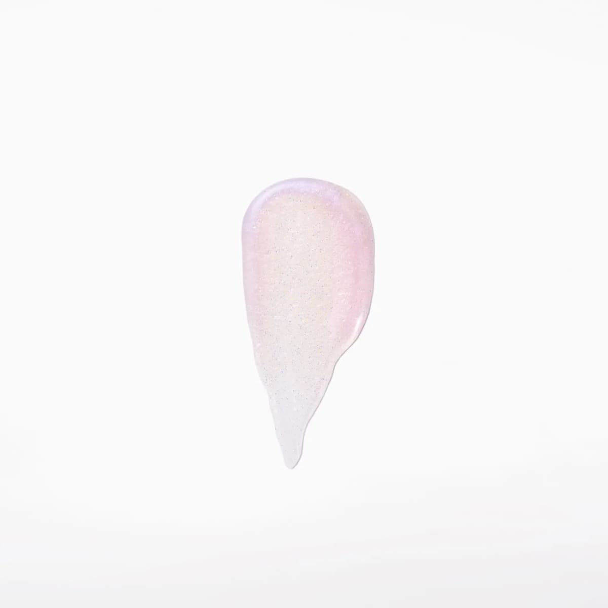 Swatch of translucent lilac lip gloss with iridescent pink sheen and fine blue sparkle