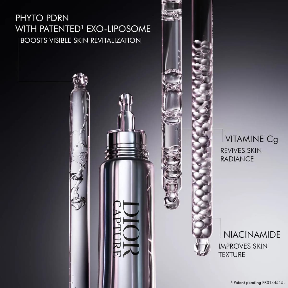 Silver tube shown with liquid-filled glass rods illustrating Phyto PDRN, Vitamine Cg and Niacinamide ingredients
