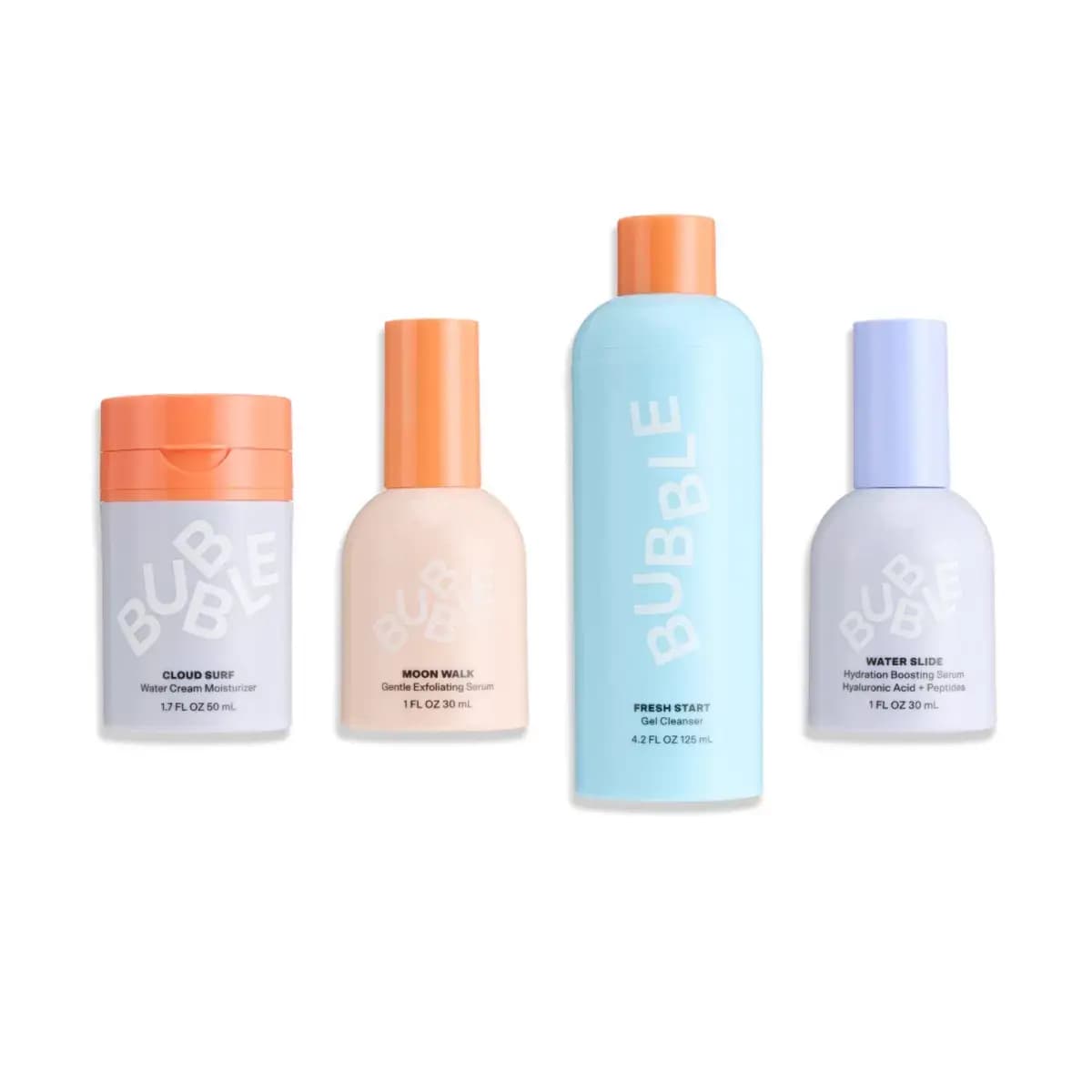 Four Bubble products: Cloud Surf moisturiser, Moon Walk and Water Slide serums, Fresh Start gel cleanser