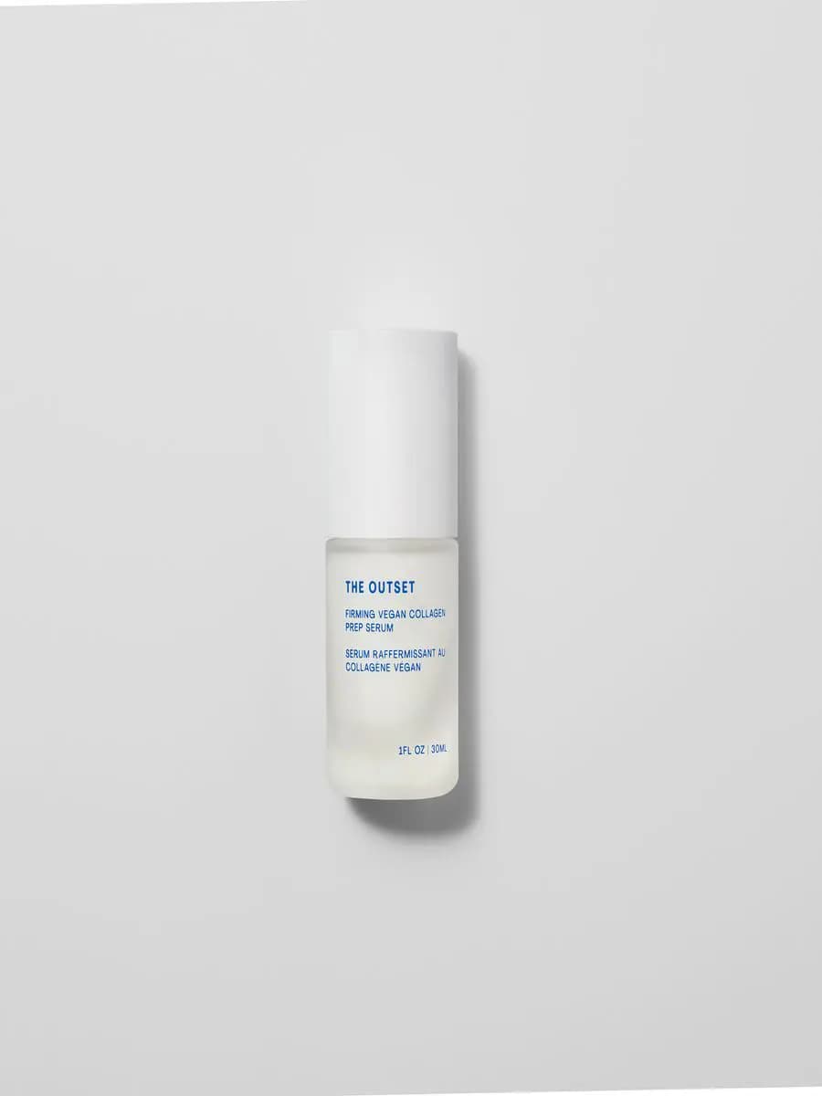 The Outset Firming Vegan Collagen Prep Serum in a small frosted 30ml bottle with white cap and blue text