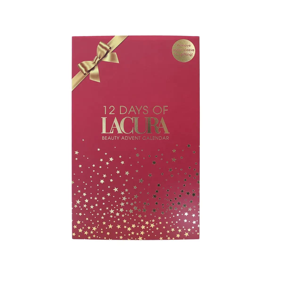 Burgundy Lacura '12 Days of' Beauty Advent Calendar box with gold bow, gold star scatter and 'Remove outer sleeve' sticker