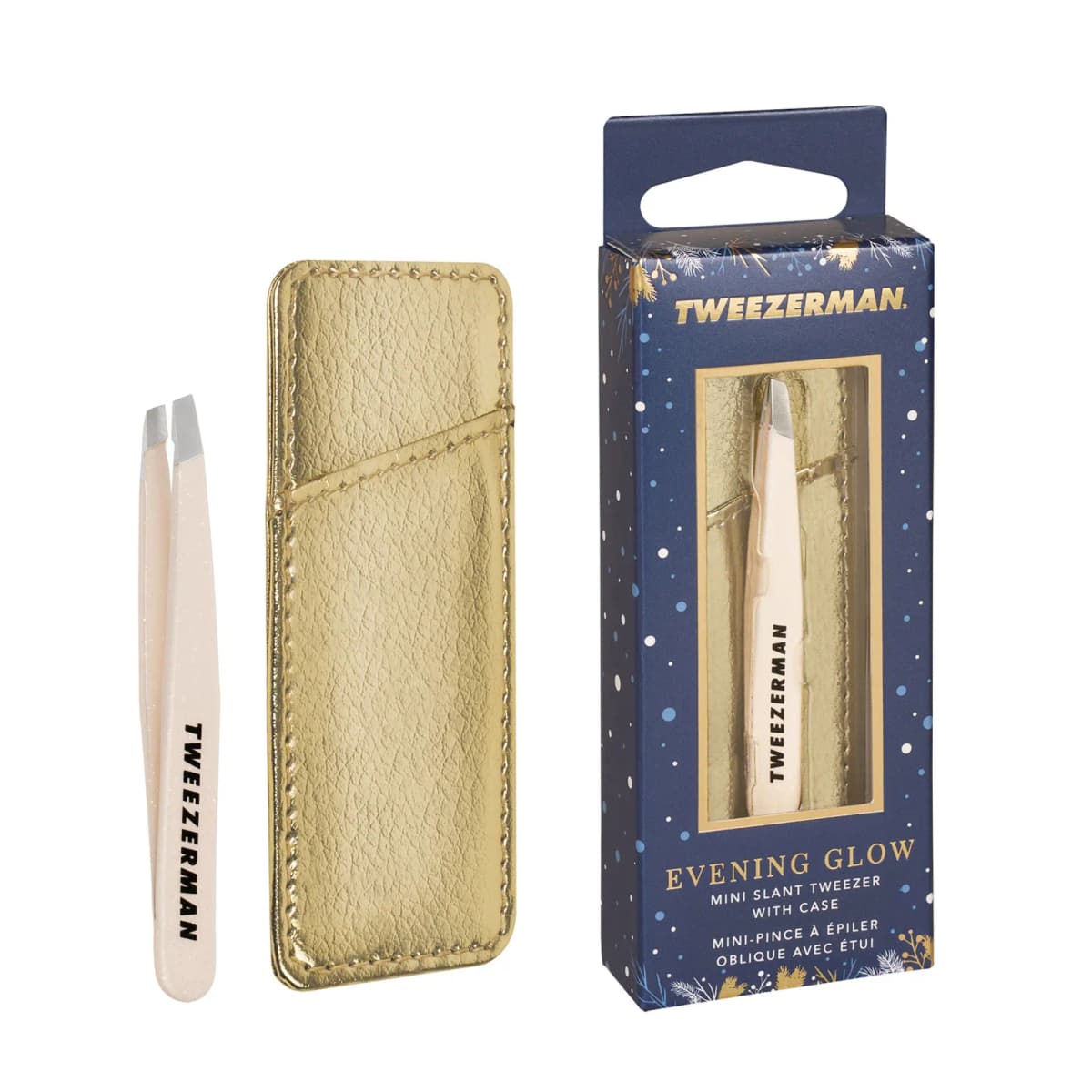 Evening Glow Mini Slant Tweezer with Case: one blush tweezer, gold textured pouch and windowed navy gift box