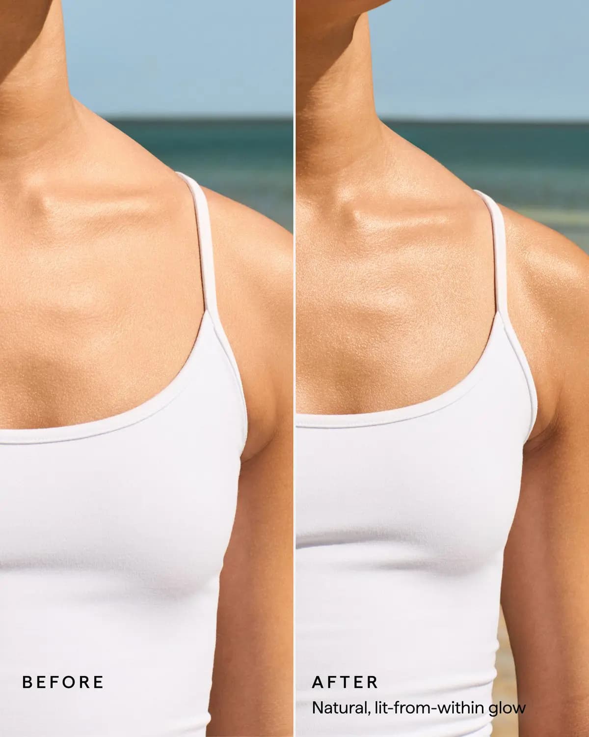 Before and after comparison of a collarbone in a white cami, showing a natural glow after the lotion