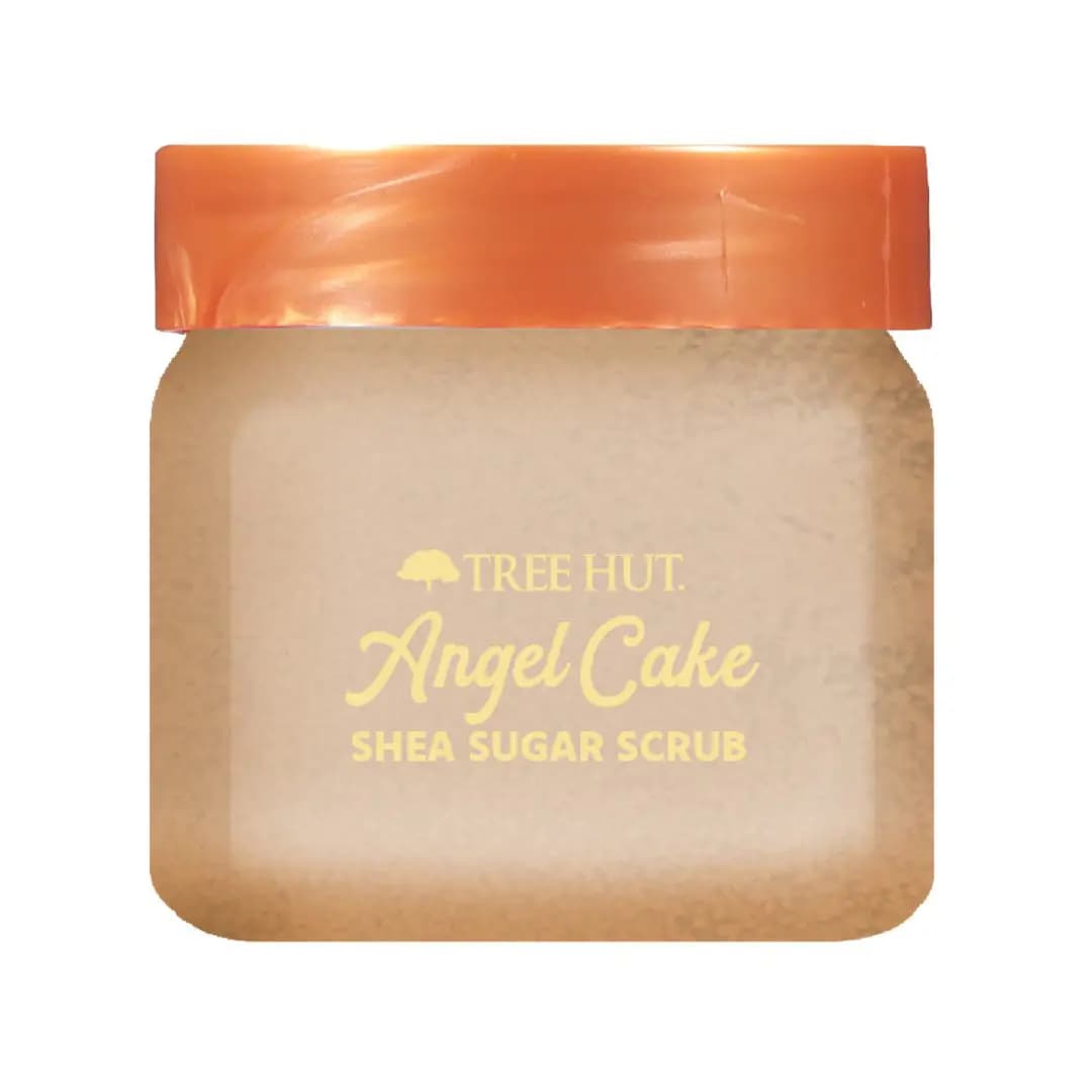 Mini Angel Cake Shea Sugar Scrub jar with frosted beige base and shiny orange lid
