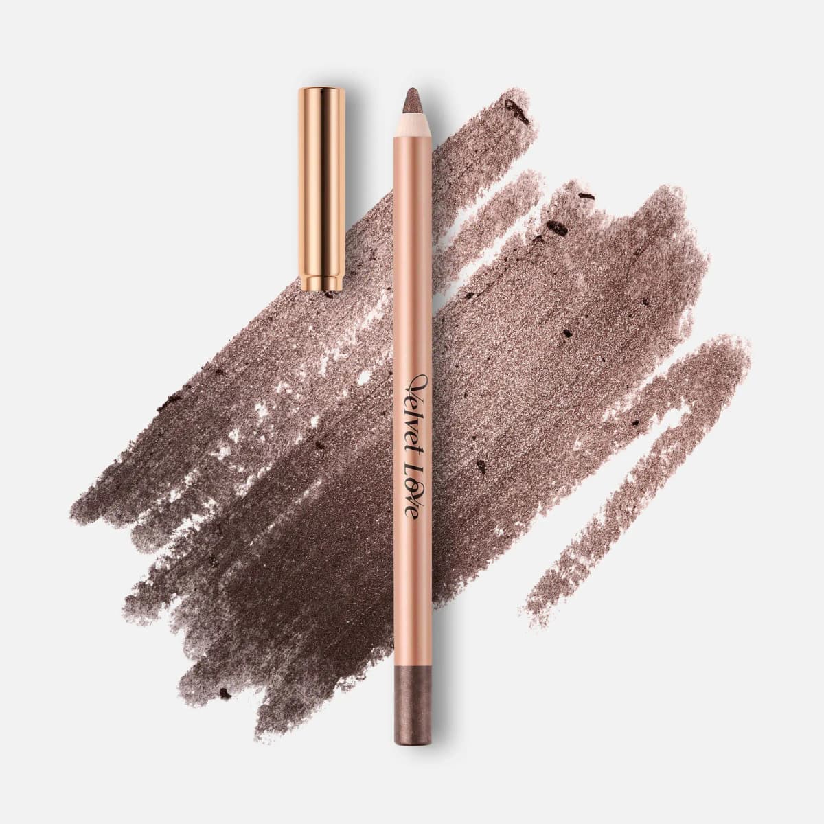 ZOEVA Velvet Love pencil in Metallic Truffle with rose-gold cap over a shimmery grey-brown swatch