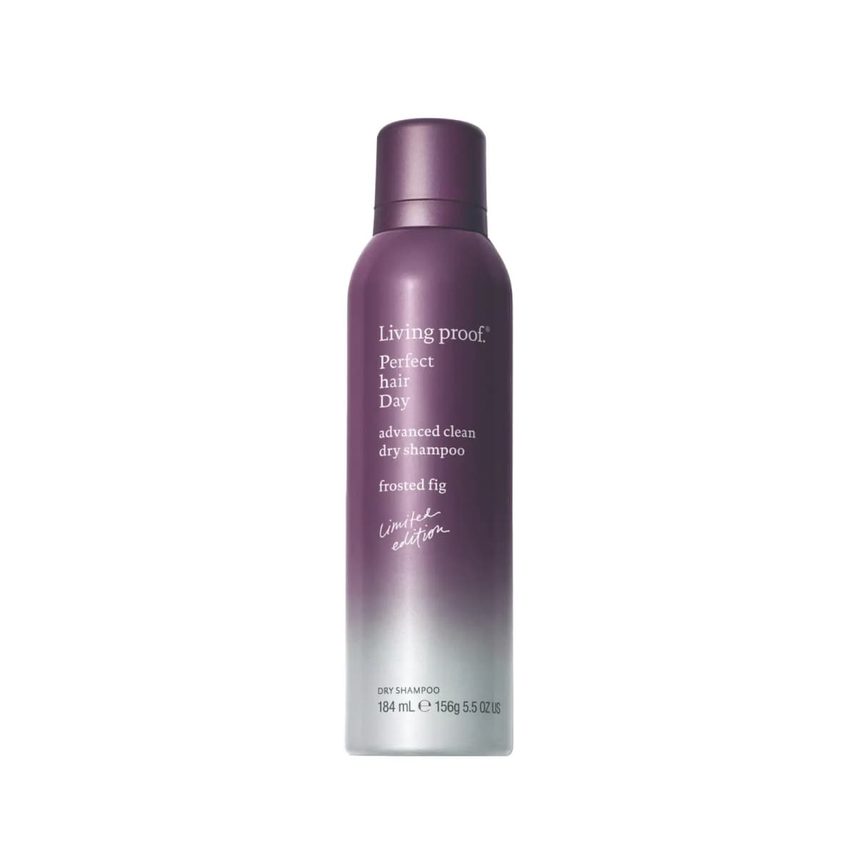 Living Proof Perfect Hair Day Frosted Fig dry shampoo can with purple-to-silver ombré finish on a white background