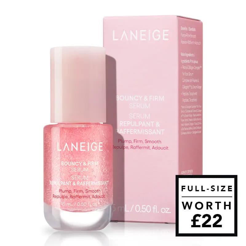 Laneige Bouncy & Firm Serum in a sparkly pink 15ml bottle with matching pink box, full-size worth £22