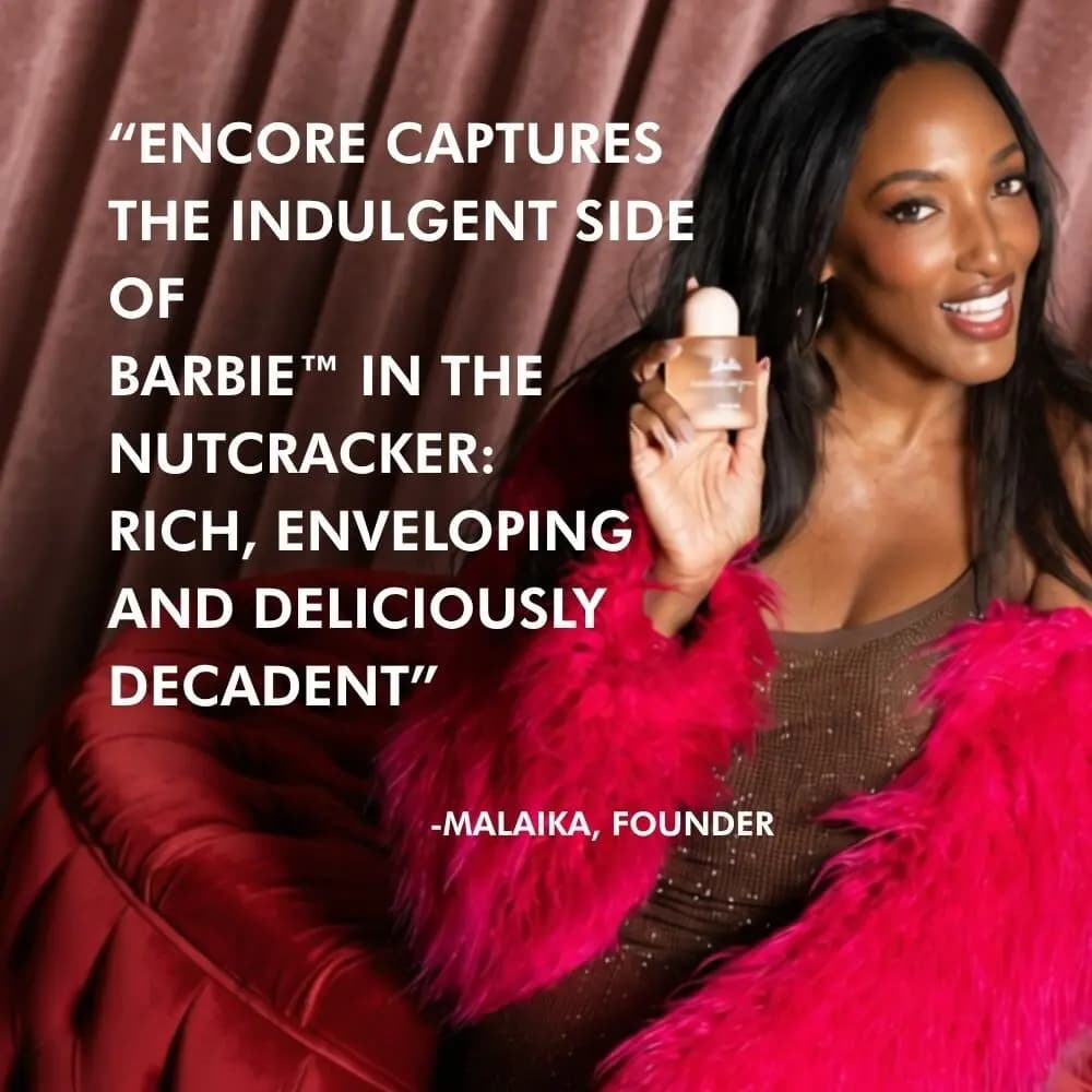 Founder Malaika in a hot pink feather jacket holding the bottle beside a quote about Barbie in the Nutcracker