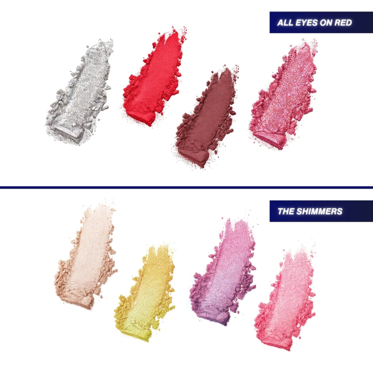 Swatches: All Eyes On Red's silver, red, burgundy and berry-pink above The Shimmers' champagne, gold, lilac and pink
