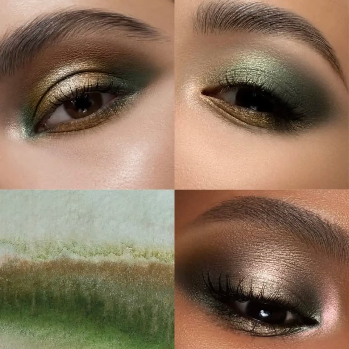 Four-panel eye makeup looks featuring green, gold, olive and bronze shadows alongside a mossy watercolour swatch.