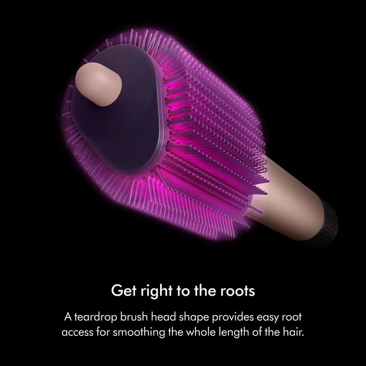 Glowing magenta render of the teardrop brush head angled to show dense rows of bristles and the pink handle