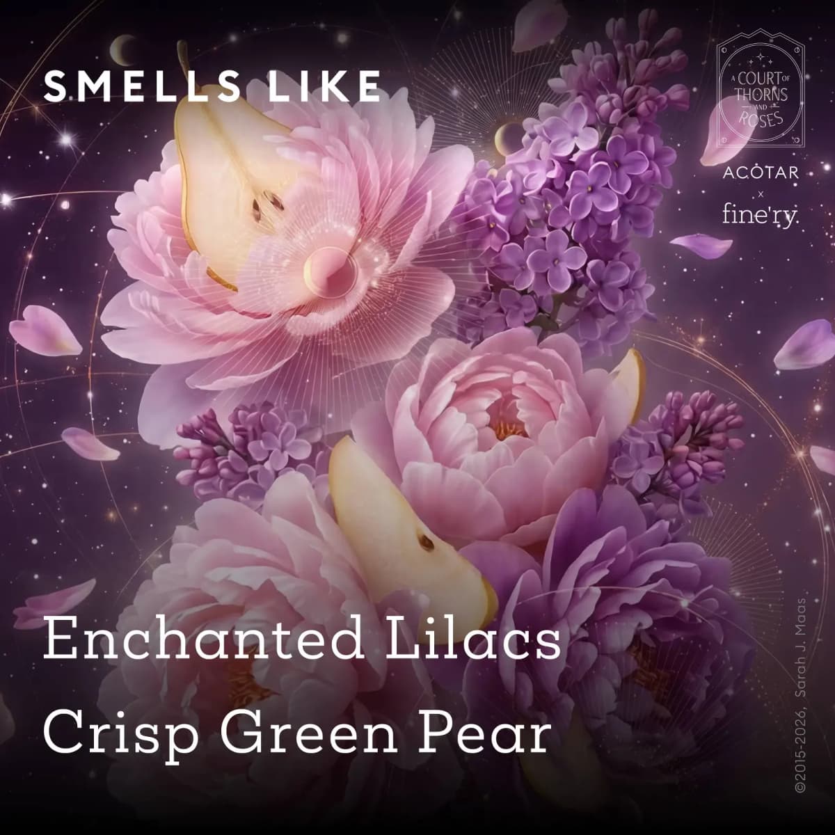 Pink peonies, purple lilacs and pear slices floating in a starry sky with text Enchanted Lilacs and Crisp Green Pear