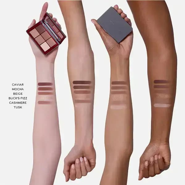 Six labelled eyeshadow shades swatched on four arms from fair to deep skin, with the red palette and its grey case