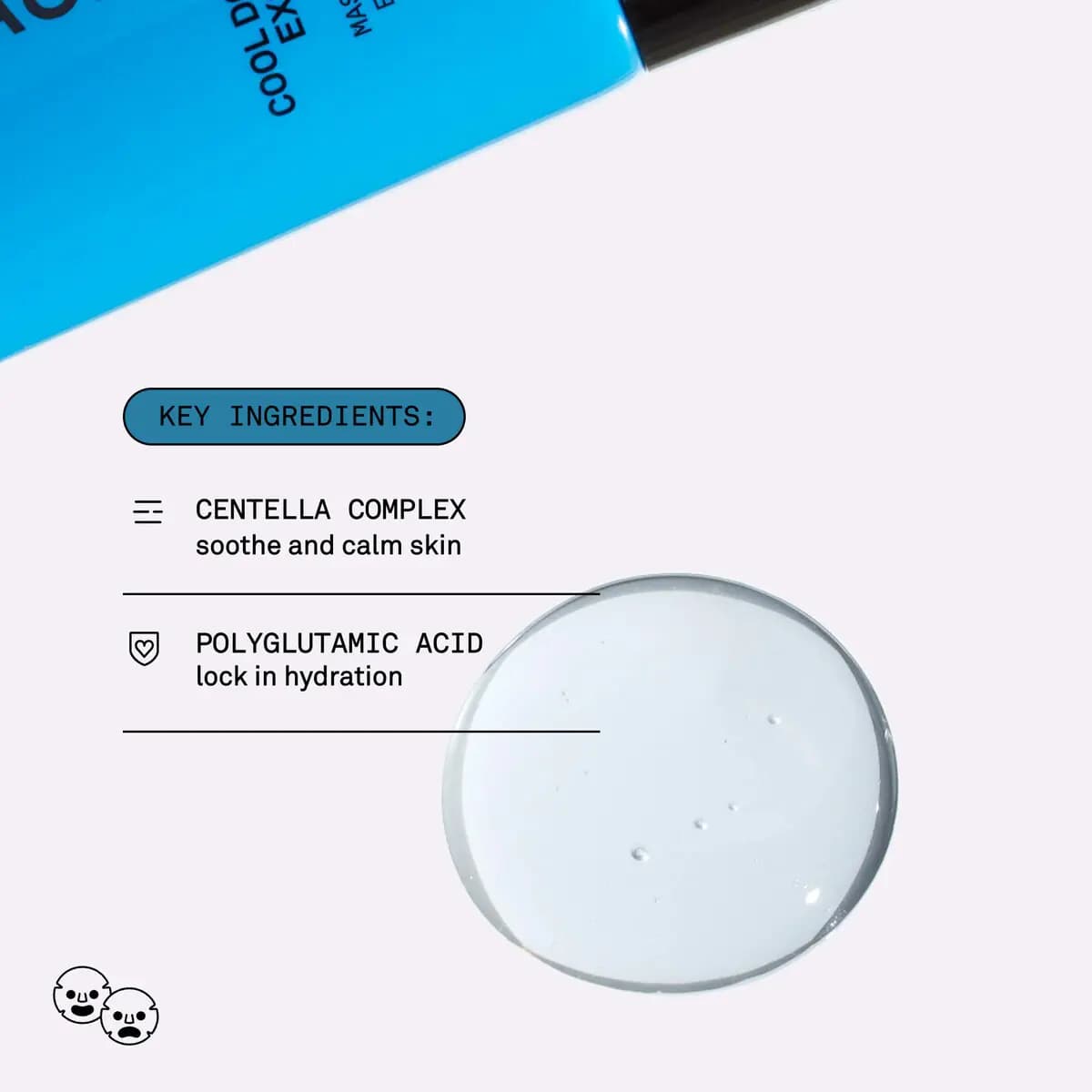 Round clear gel swatch below a blue tube corner, listing centella complex and polyglutamic acid as key ingredients