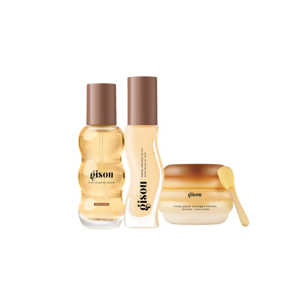 Wavy hair perfume bottle, cream lip oil and brown-to-cream lip mask jar with spatula on white
