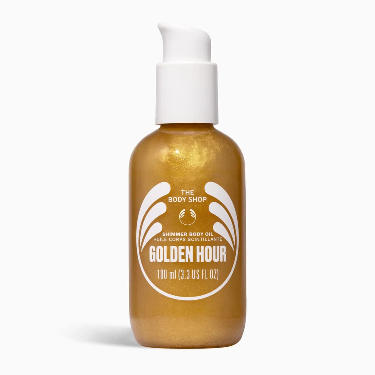 Golden Hour shimmer body oil in a metallic gold pump bottle on a white background