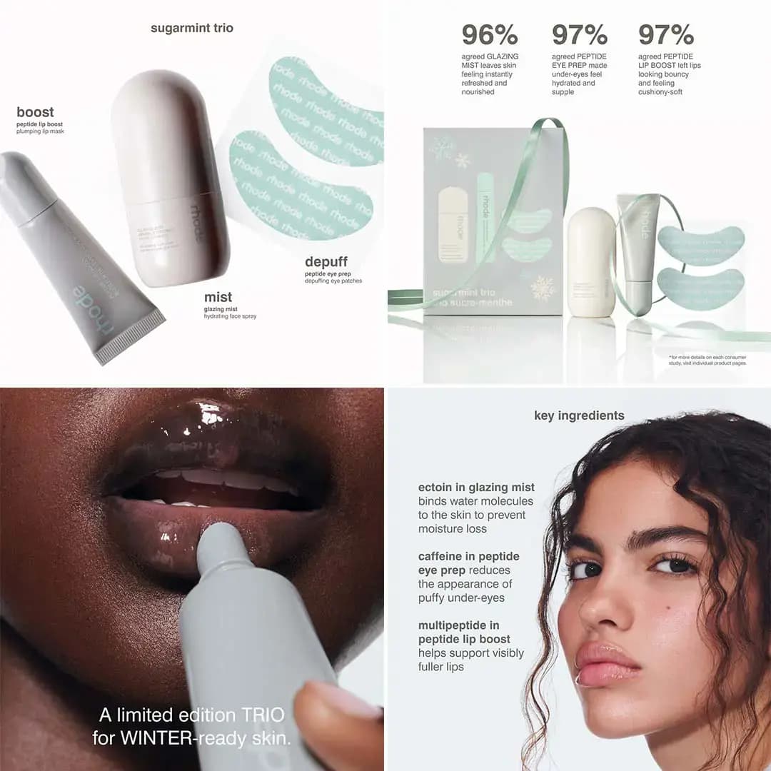 Sugarmint Trio collage: product flat lay, gift box, glossy lips applying grey tube, and curly-haired model with dewy skin