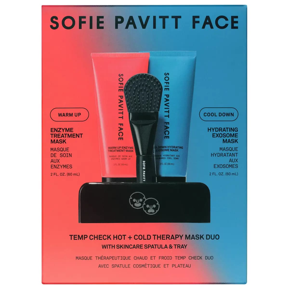 Red-to-blue gradient Temp Check Hot + Cold Therapy Mask Duo box showing both tubes, spatula and tray