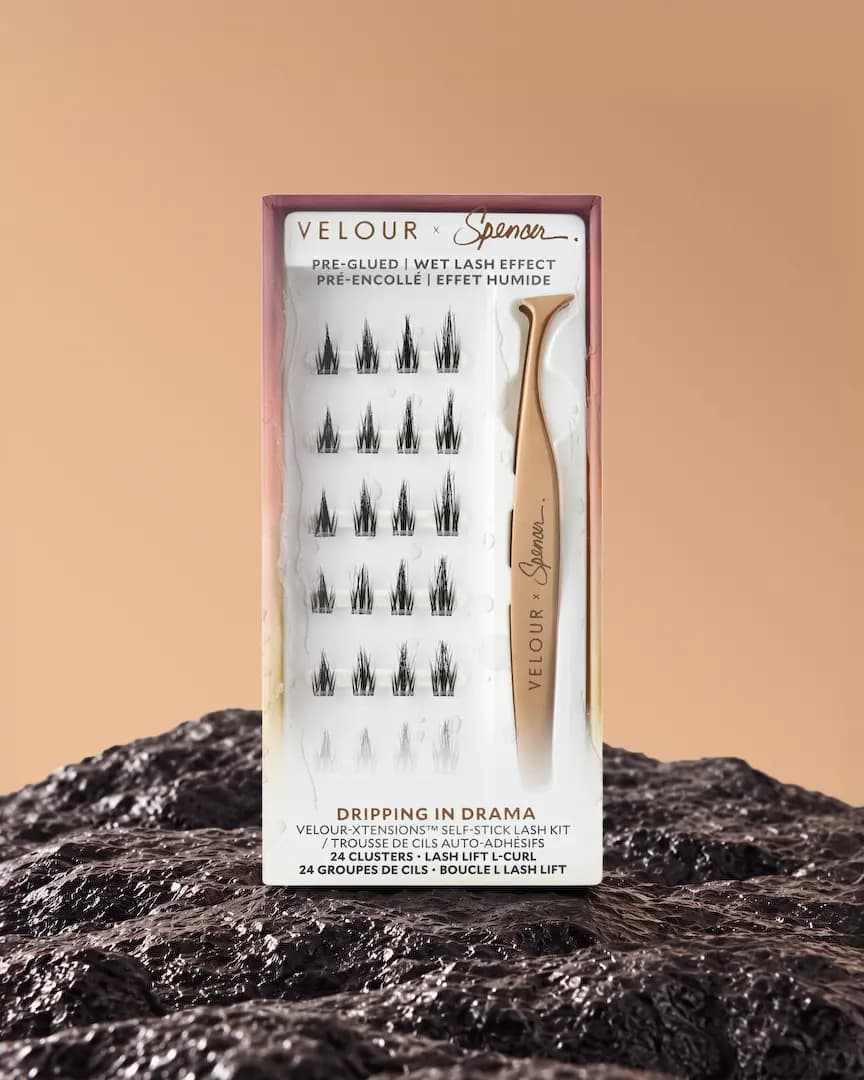 Velour x Spencer Self-Stick Lash Clusters in Dripping in Drama: pink-gold box with 24 clusters and rose-gold applicator