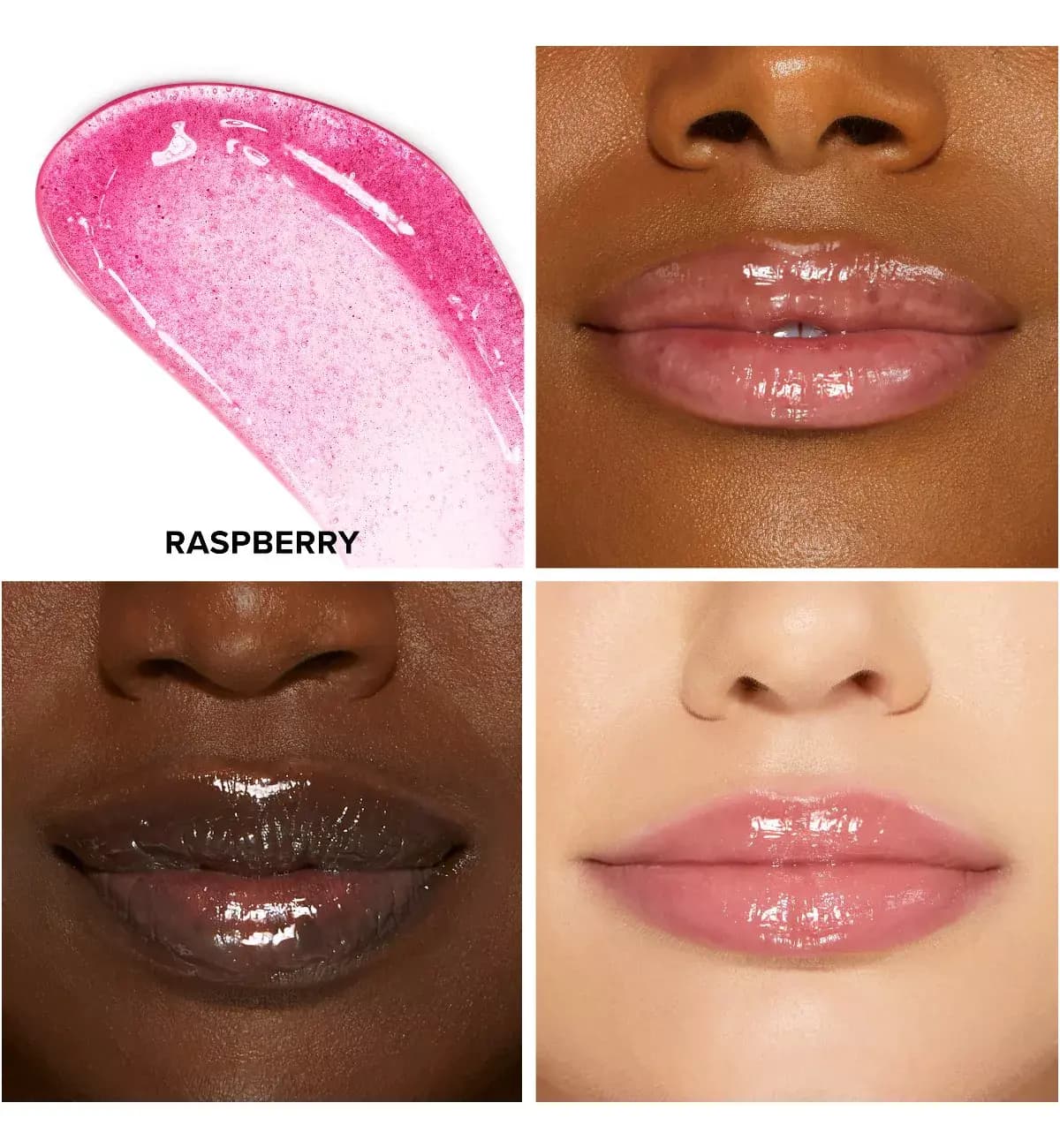 Raspberry glossy pink lip swatch shown on three different lip tones
