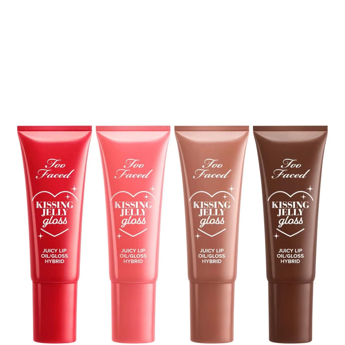 Too Faced Kissing Jelly Gloss tubes in red, coral pink, caramel and chocolate brown lined up on a white background