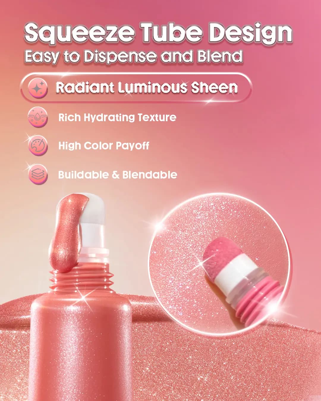 Squeeze Tube Design graphic showing a sponge-tip applicator topped with sparkling coral shimmer formula