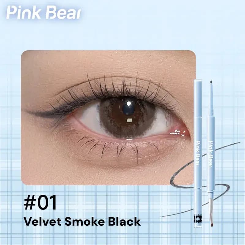 Eye with subtle smoky liner labeled #01 Velvet Smoke Black next to a light blue eyeliner pencil.