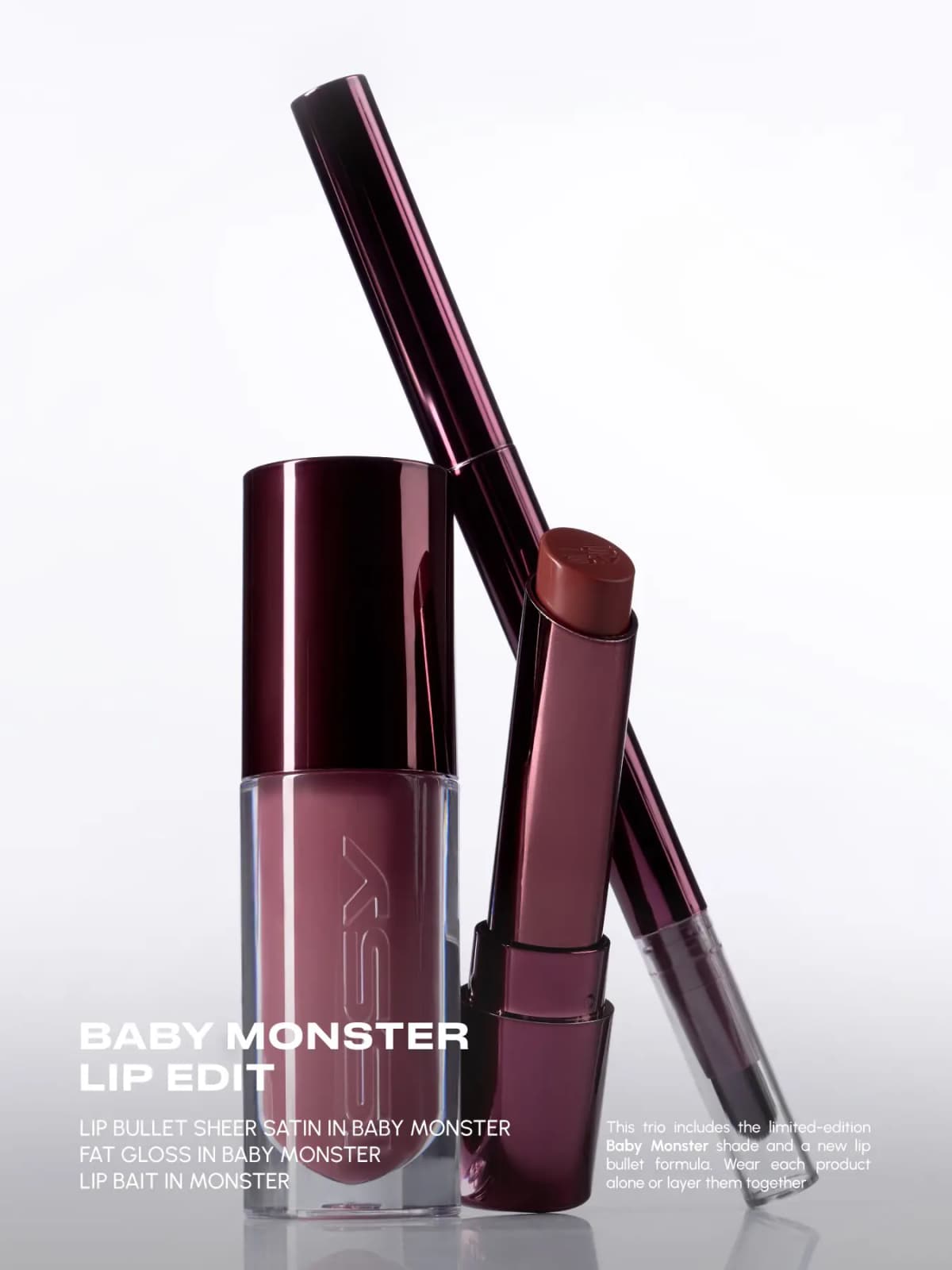ISSY Baby Monster Lip Edit trio: mauve Fat Gloss, Sheer Satin lipstick and Monster Lip Bait pencil