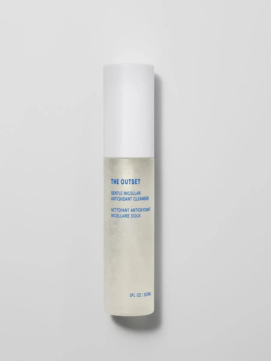 The Outset Gentle Micellar Antioxidant Cleanser in a clear 150ml bottle of bubbly gel with a white cap