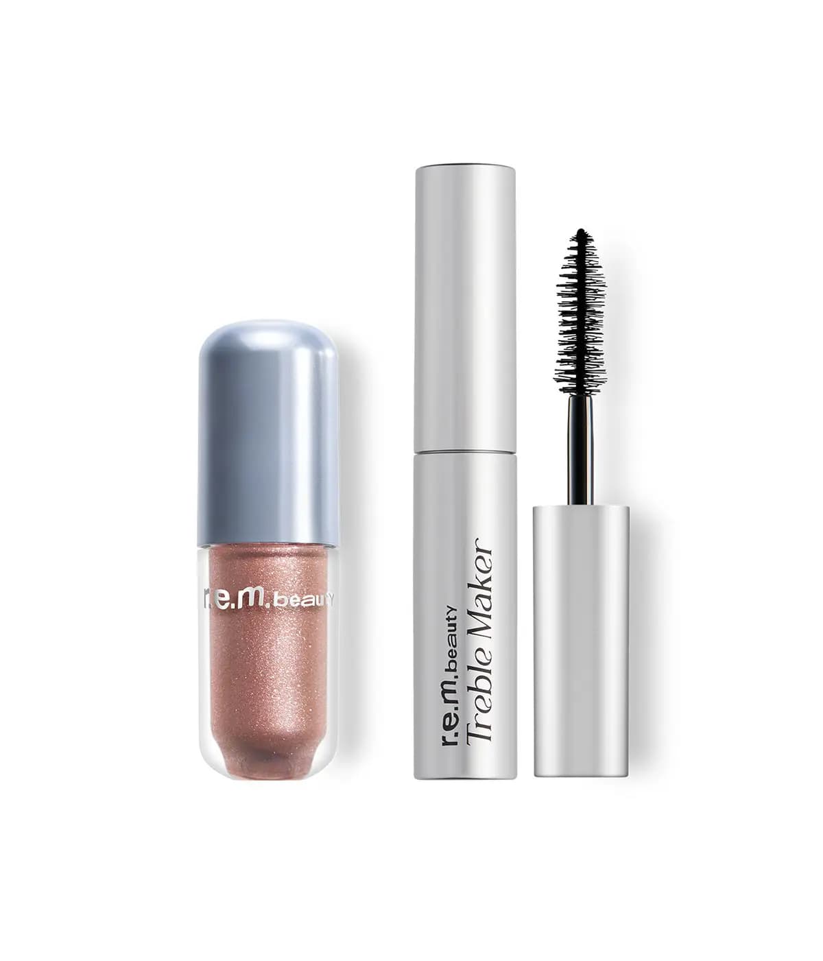 Frost & Flutter set: a rose gold shimmer mini liquid and a silver Treble Maker mascara with black wand