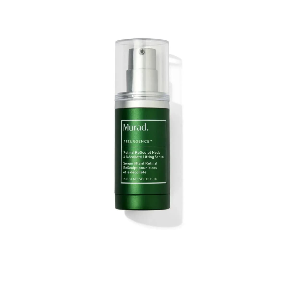 Murad Retinal ReSculpt Neck & Décolleté Lifting Serum in a green 30 ml pump bottle with clear cap on white background