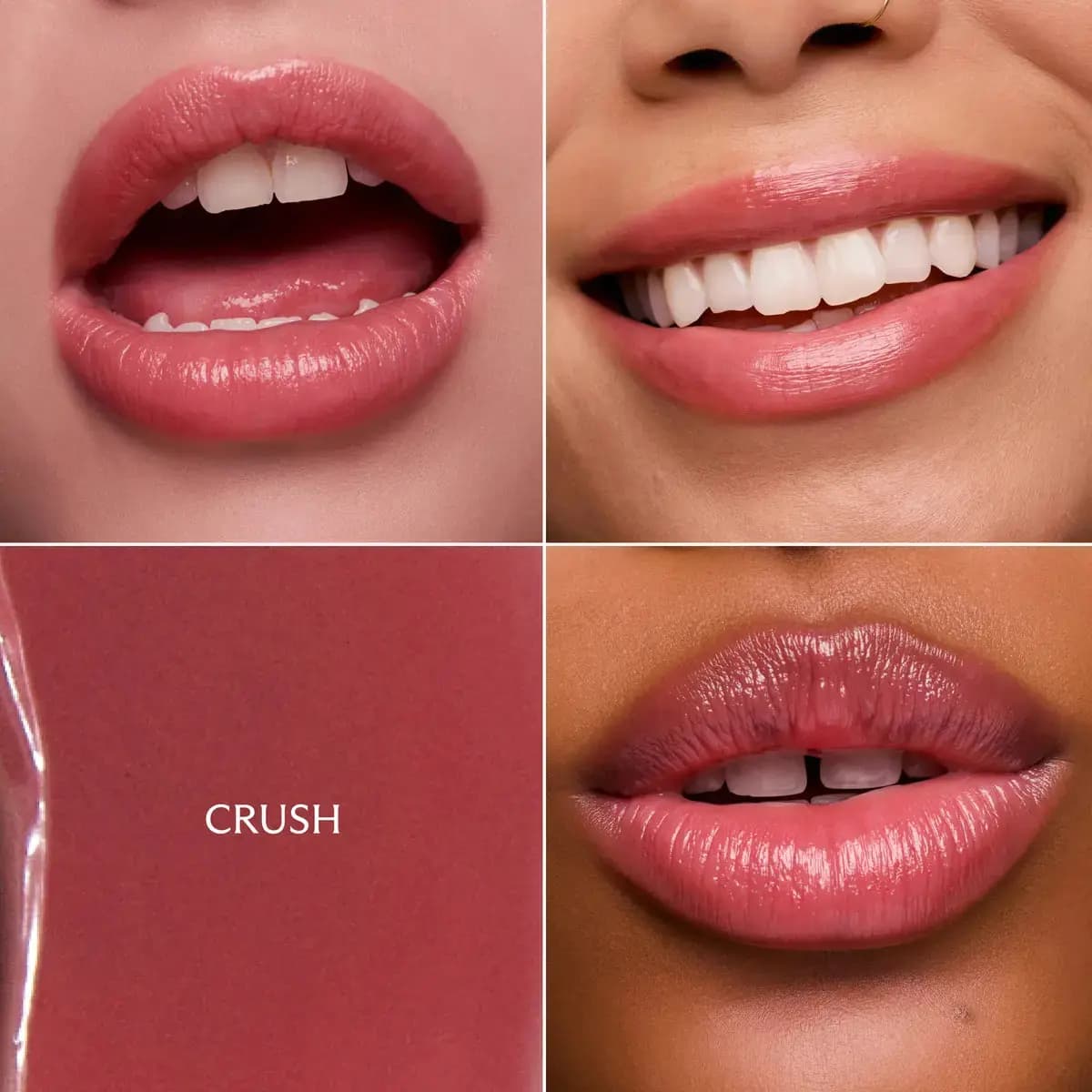 Crush swatch grid of a glossy berry rose shade on three skin tones with a matching swatch