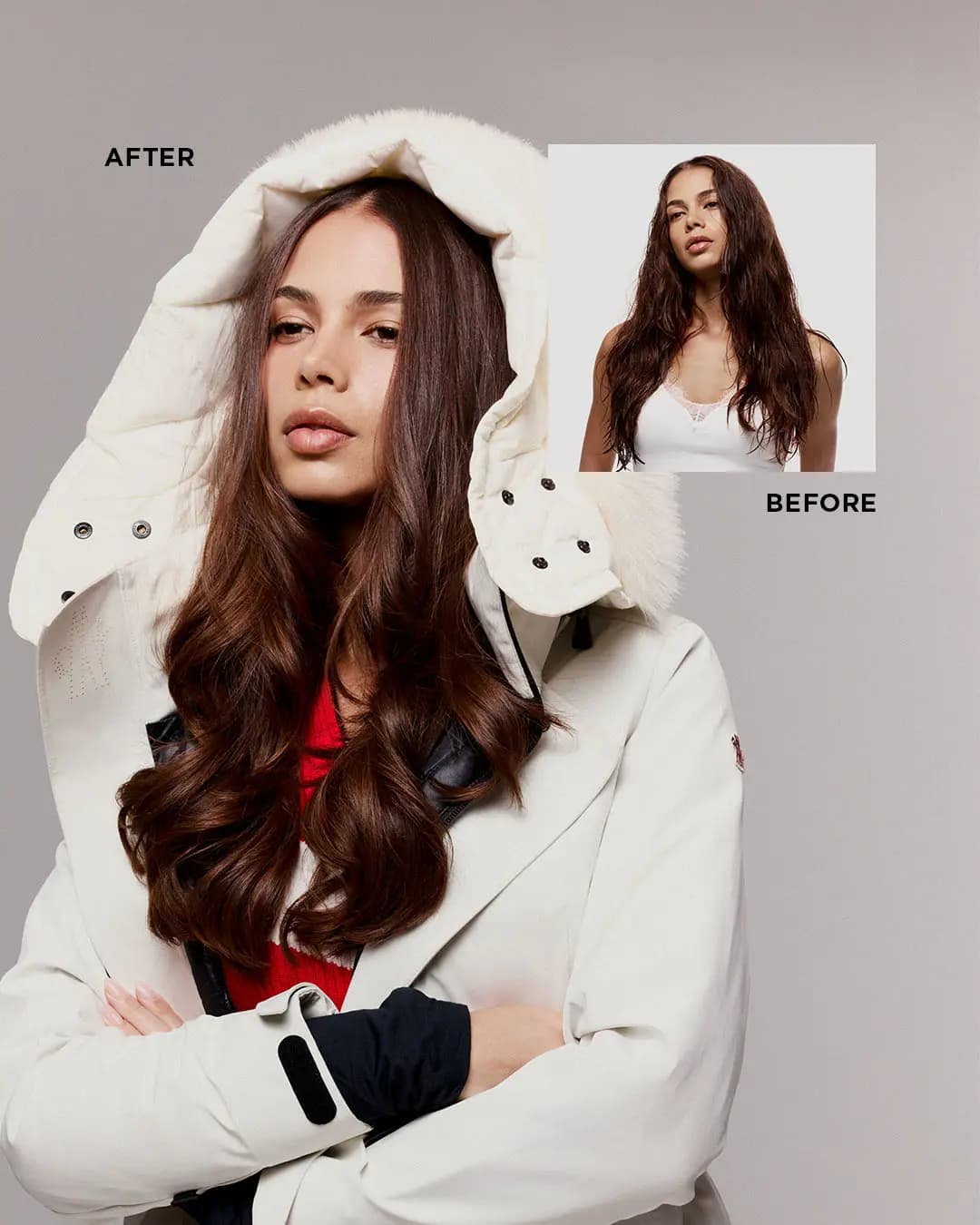 After and before: model in a white hooded parka with glossy bouncy curls, inset shows her wavy, frizzy hair before