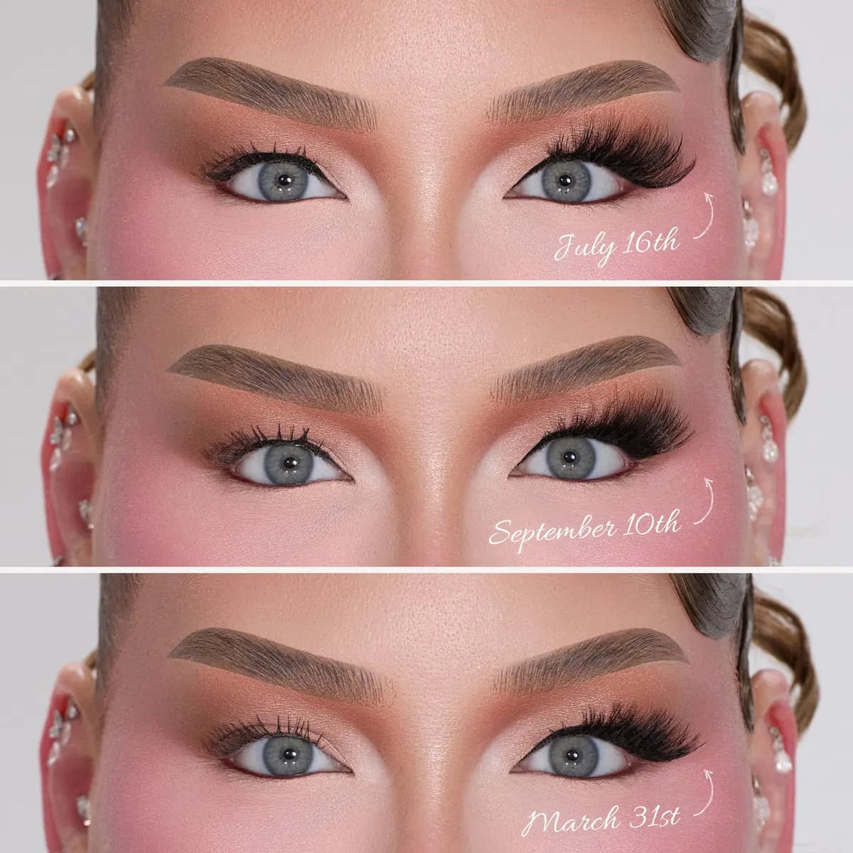 Three stacked eye close-ups comparing the July 16th, September 10th, and March 31st lash styles side by side.