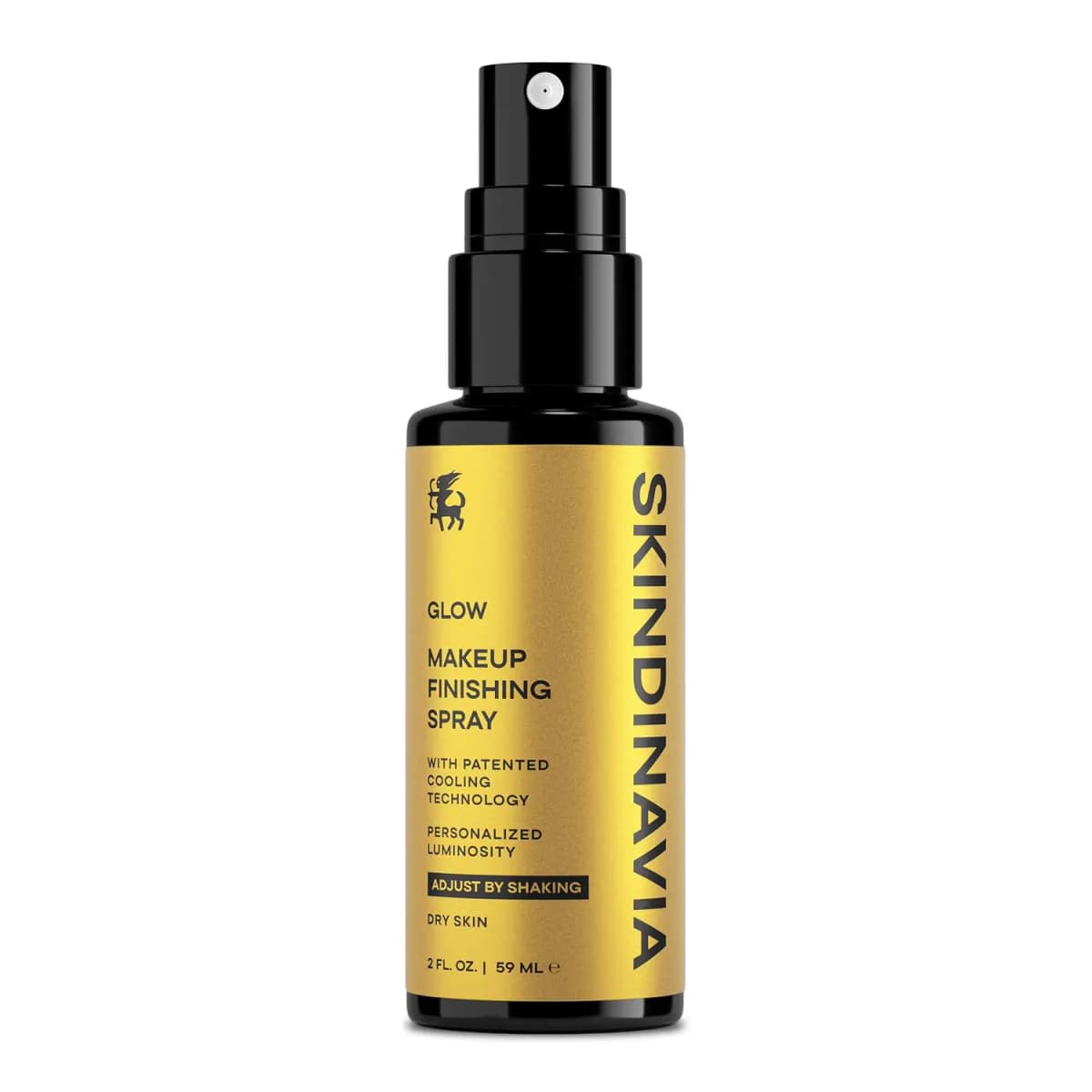 2 oz Skindinavia Glow Makeup Finishing Spray in a gold-labelled bottle for dry skin, on white