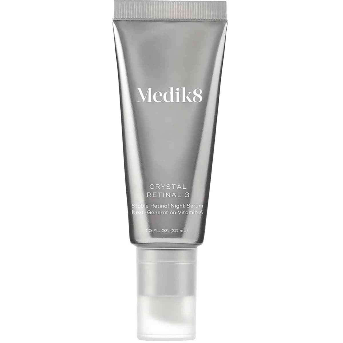 Medik8 Crystal Retinal 3 night serum in a silver tube with grey cap and frosted pump, 30 ml
