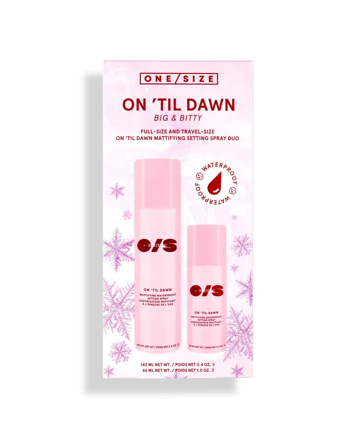 ONE/SIZE On 'Til Dawn Big & Bitty Duo box in pink snowflake packaging showing full-size and travel-size setting sprays