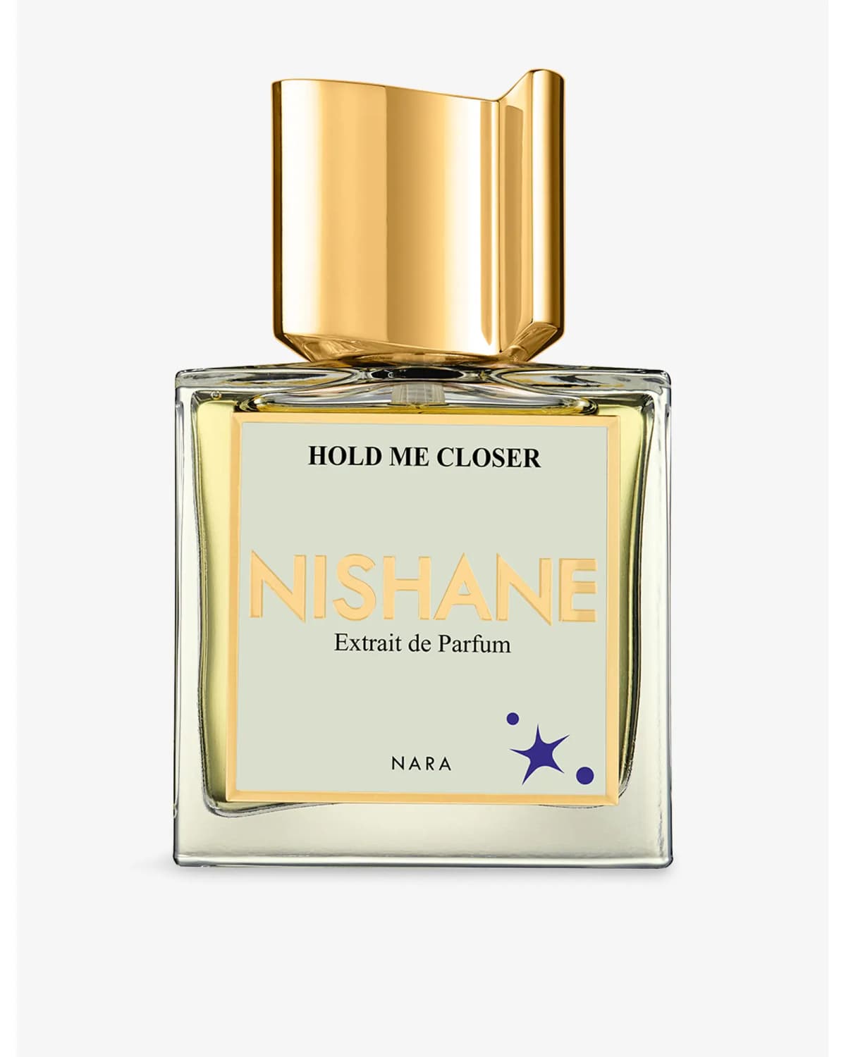 Nishane Hold Me Closer Extrait de Parfum bottle, square clear glass with pale label, gold lettering, blue star and gold cap