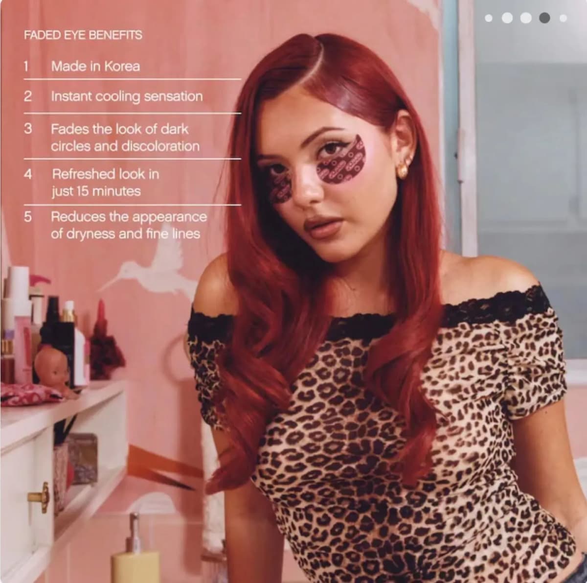 Red-haired model in leopard print wears brown Faded eye masks beside a list of Faded Eye benefits