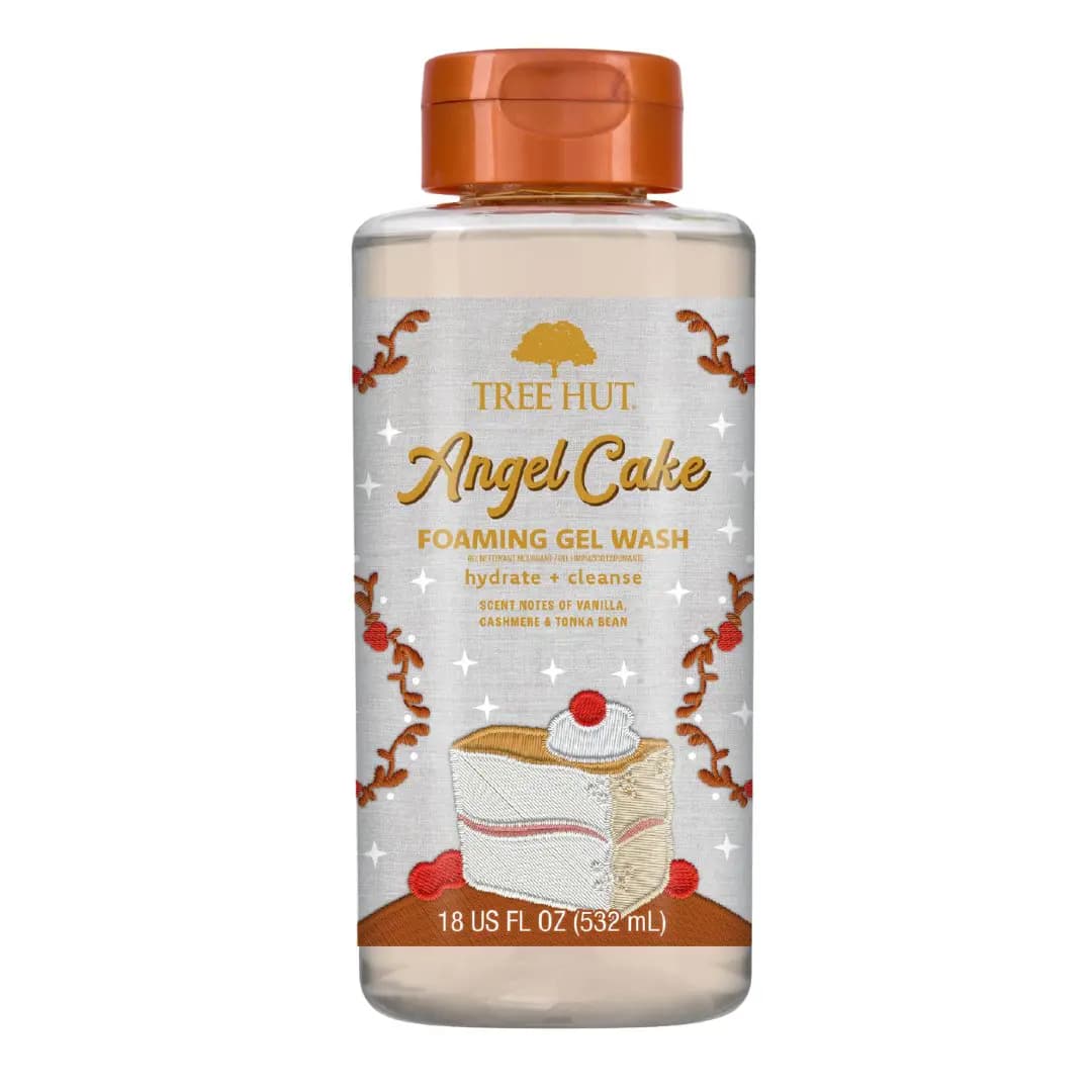 18 fl oz Foaming Gel Wash bottle with silver cake-print label, orange flip cap and vanilla, cashmere, tonka notes