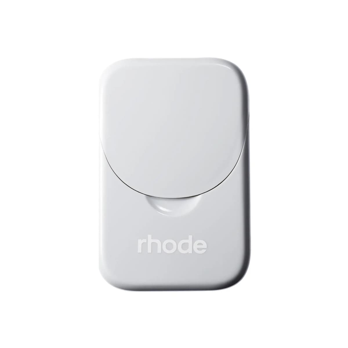 Rhode Spot Case Spotwear holder, closed, in glossy pale grey with a curved flip lid and white rhode logo