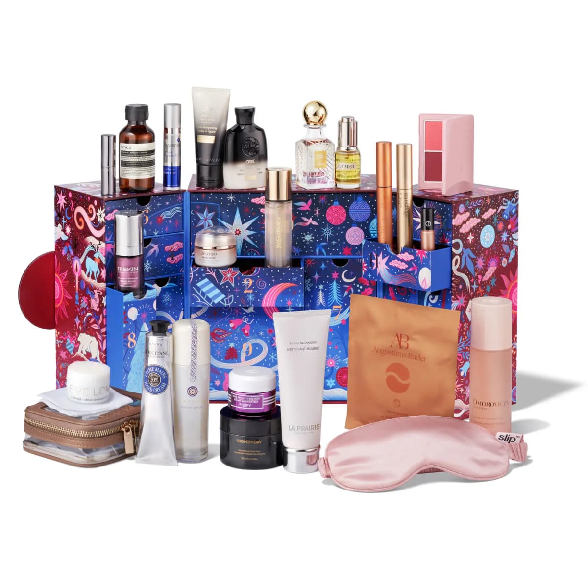 Space NK 12 Days of Luxury Advent Calendar with open blue drawers and products from La Prairie, Augustinus Bader and Oribe