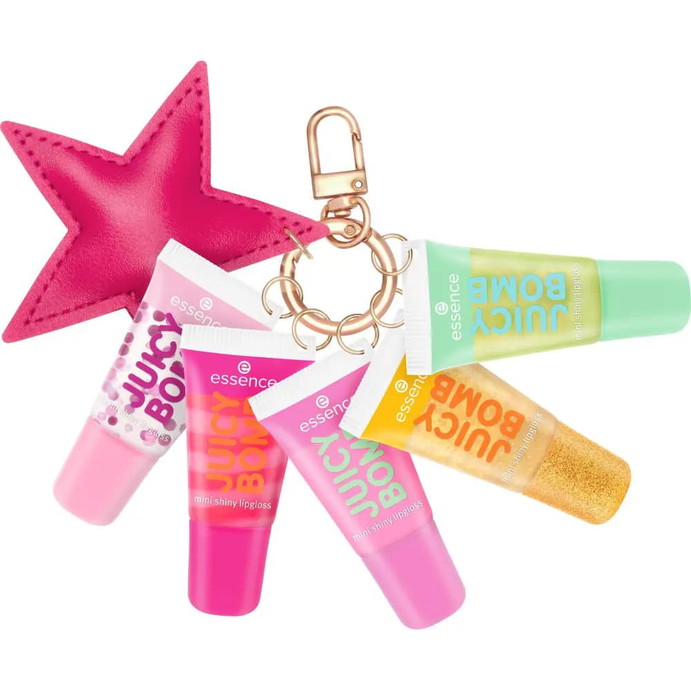 Five Juicy Bomb mini lip glosses clipped to a gold keyring with a stitched pink star charm