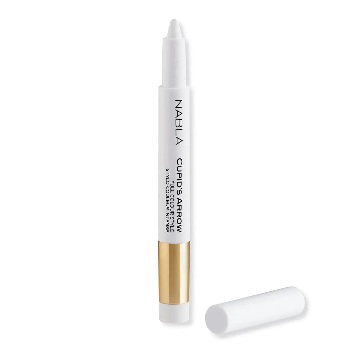 White NABLA Cupid's Arrow Full Colour Stylo with gold band, uncapped to show a white crayon tip