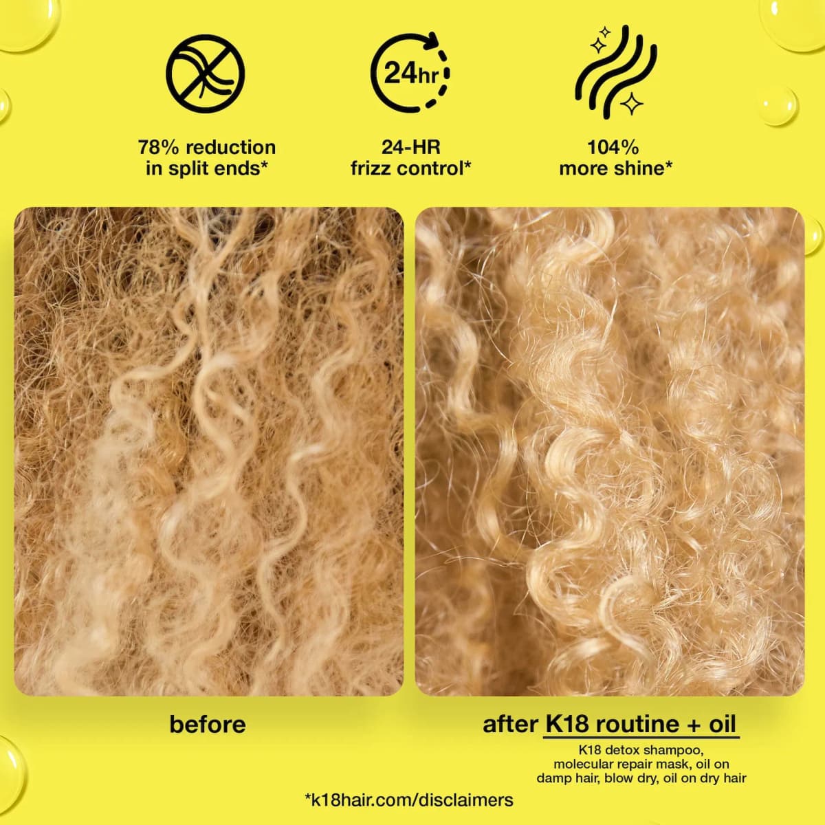 Before-and-after close-up of frizzy blonde curls turning defined and shinier after the K18 routine plus oil