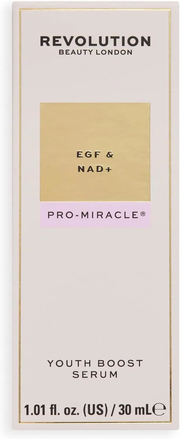 Cream box with gold label for Revolution EGF & NAD+ Pro-Miracle Youth Boost Serum, 30ml
